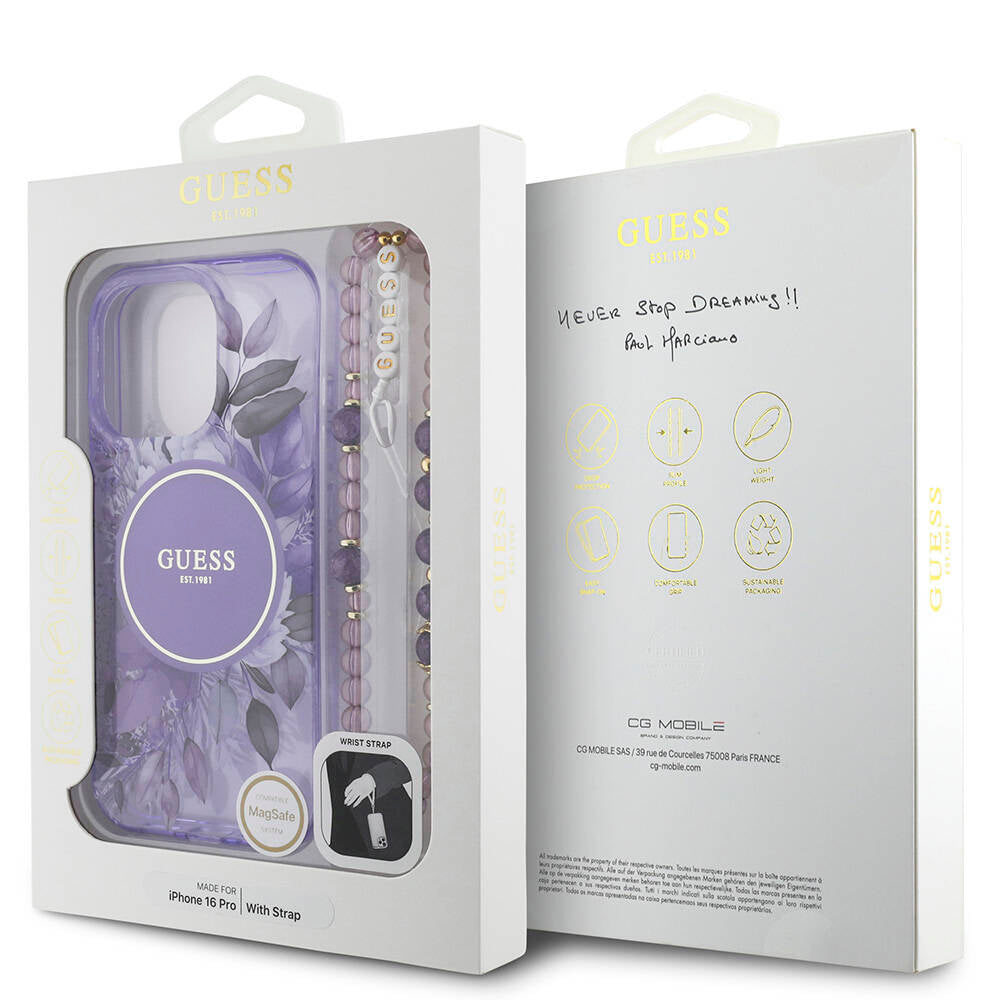 Apple iPhone 16 Pro Case Guess Original Licensed M-Safe Charging Feature IML Printed Flower Pearl Bracelet Cover Black