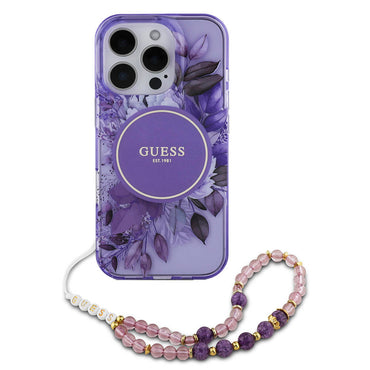 Apple iPhone 16 Pro Case Guess Original Licensed M-Safe Charging Feature IML Printed Flower Pearl Bracelet Cover Black