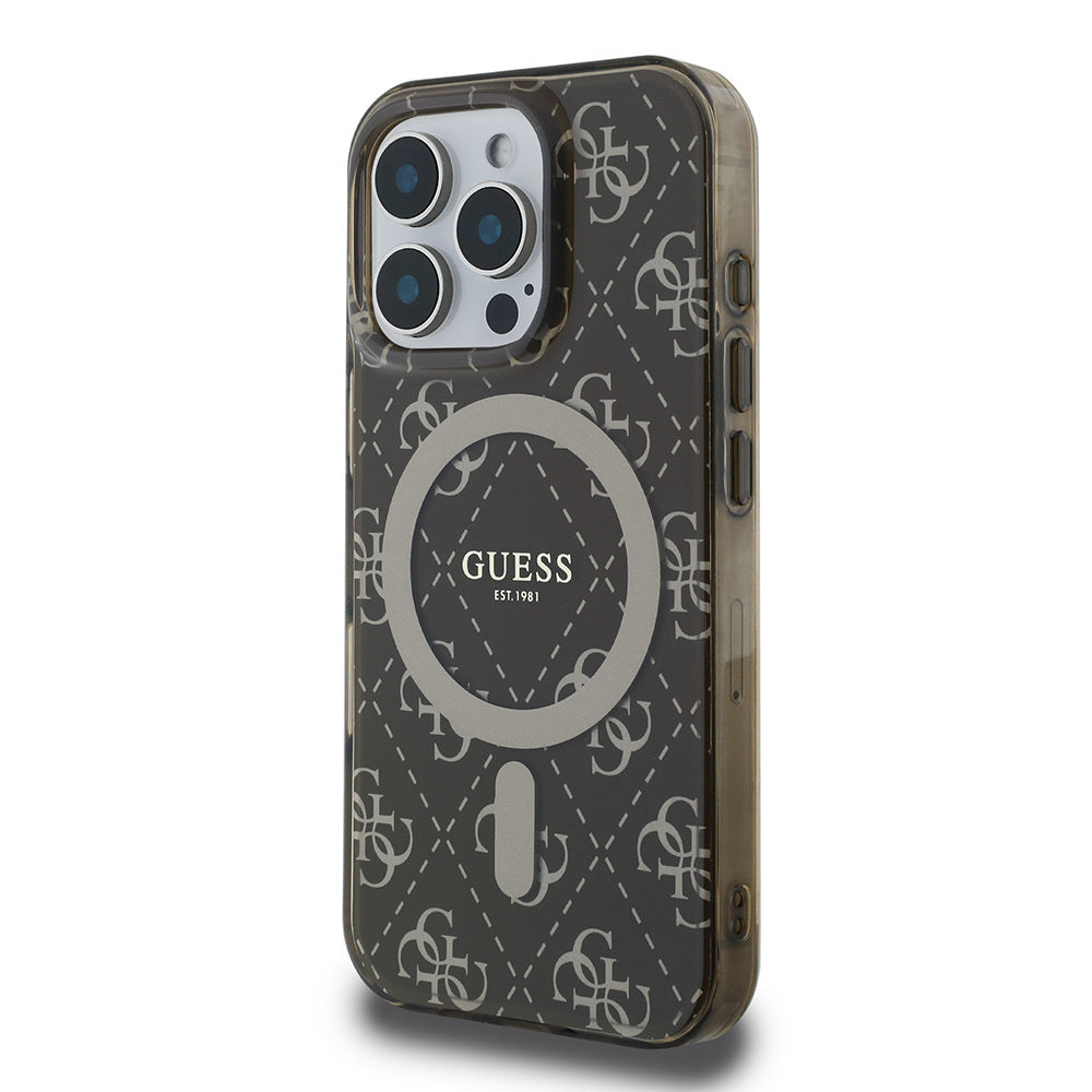 Apple iPhone 16 Pro Case Guess Original Licensed M-Safe Charging Feature IML Printed Classic Logo 4G Patterned Cover Pink 