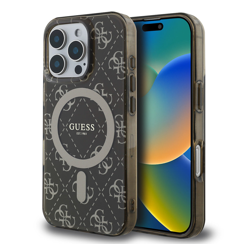 Apple iPhone 16 Pro Case Guess Original Licensed M-Safe Charging Feature IML Printed Classic Logo 4G Patterned Cover Brown 