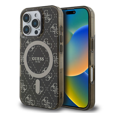 Apple iPhone 16 Pro Kılıf Guess Orjinal Lisanslı M-safe Şarj Özellikli IML Baskılı Klasik Logolu 4G Desenli Kapak