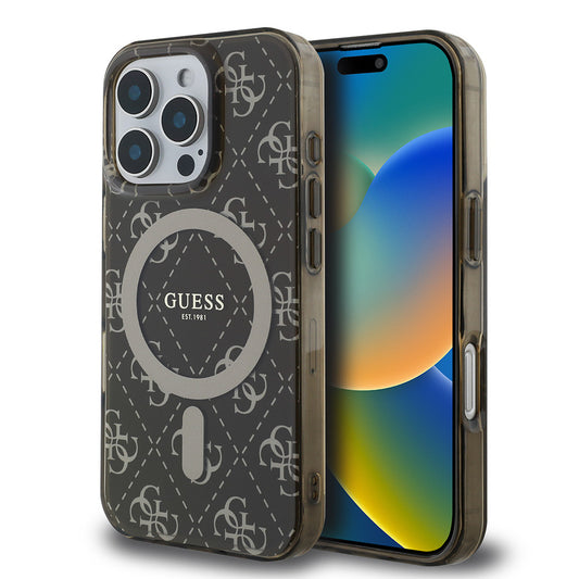Apple iPhone 16 Pro Case Guess Original Licensed M-Safe Charging Feature IML Printed Classic Logo 4G Patterned Cover Brown 