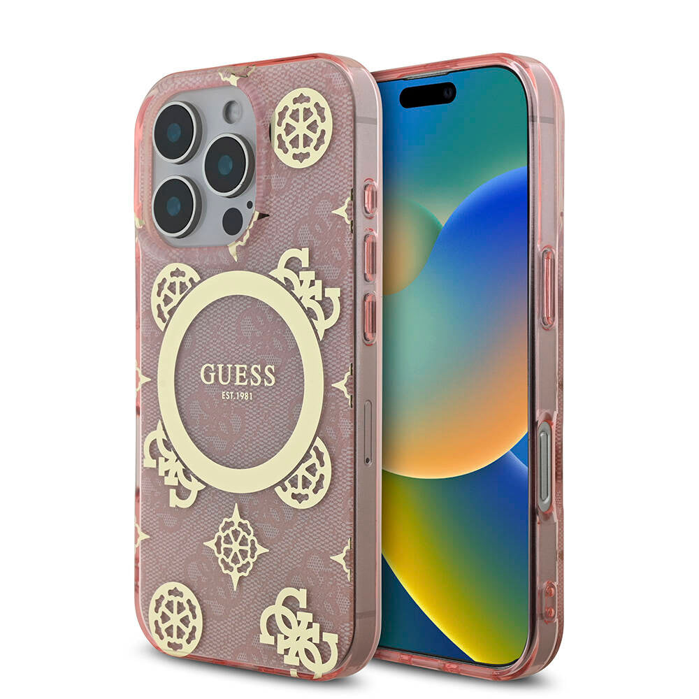 Apple iPhone 16 Pro Case Guess Original Licensed M-Safe Charging Feature IML Peony and 4G Patterned Classic Logo Cover Brown