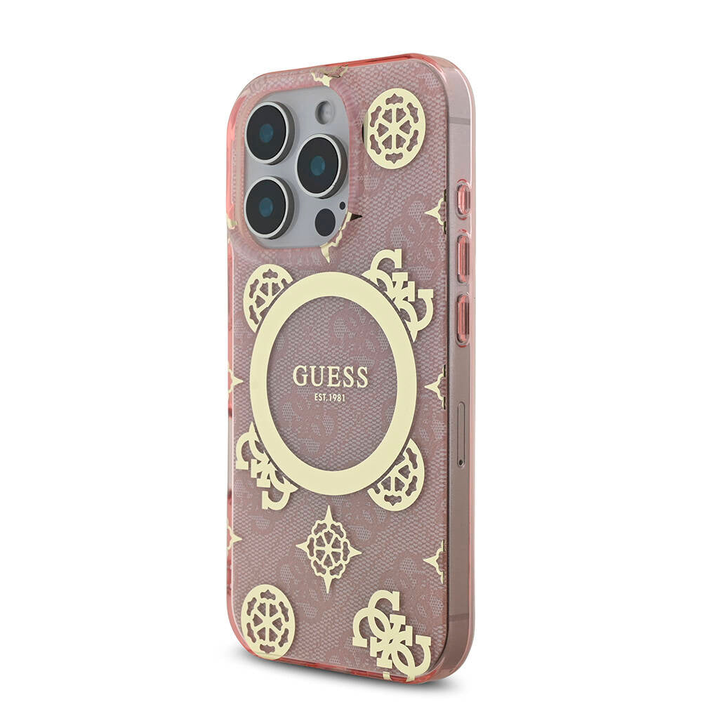 Apple iPhone 16 Pro Case Guess Original Licensed M-Safe Charging Feature IML Peony and 4G Patterned Classic Logo Cover Pink