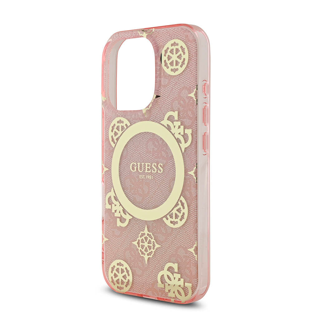 Apple iPhone 16 Pro Case Guess Original Licensed M-Safe Charging Feature IML Peony and 4G Patterned Classic Logo Cover Pink