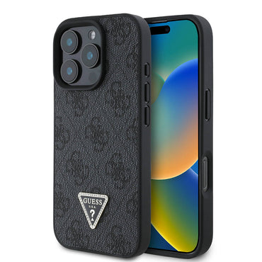 Apple iPhone 16 Pro Kılıf Guess Orjinal Lisanslı M-safe Şarj Özellikli PU Deri 4G Desenli Taşlı Üçgen Logolu Kapak