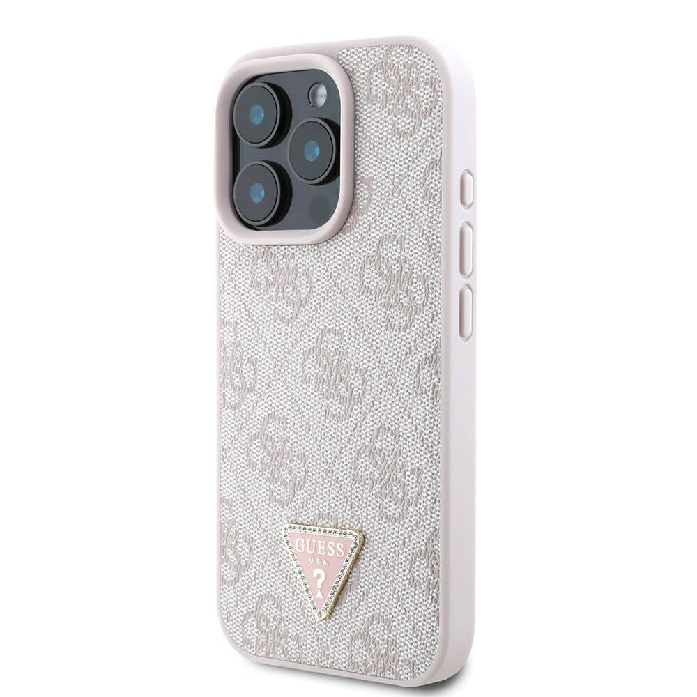 Apple iPhone 16 Pro Case Guess Original Licensed M-safe Charging Feature PU Leather 4G Patterned Stone Triangle Logo Cover Brown