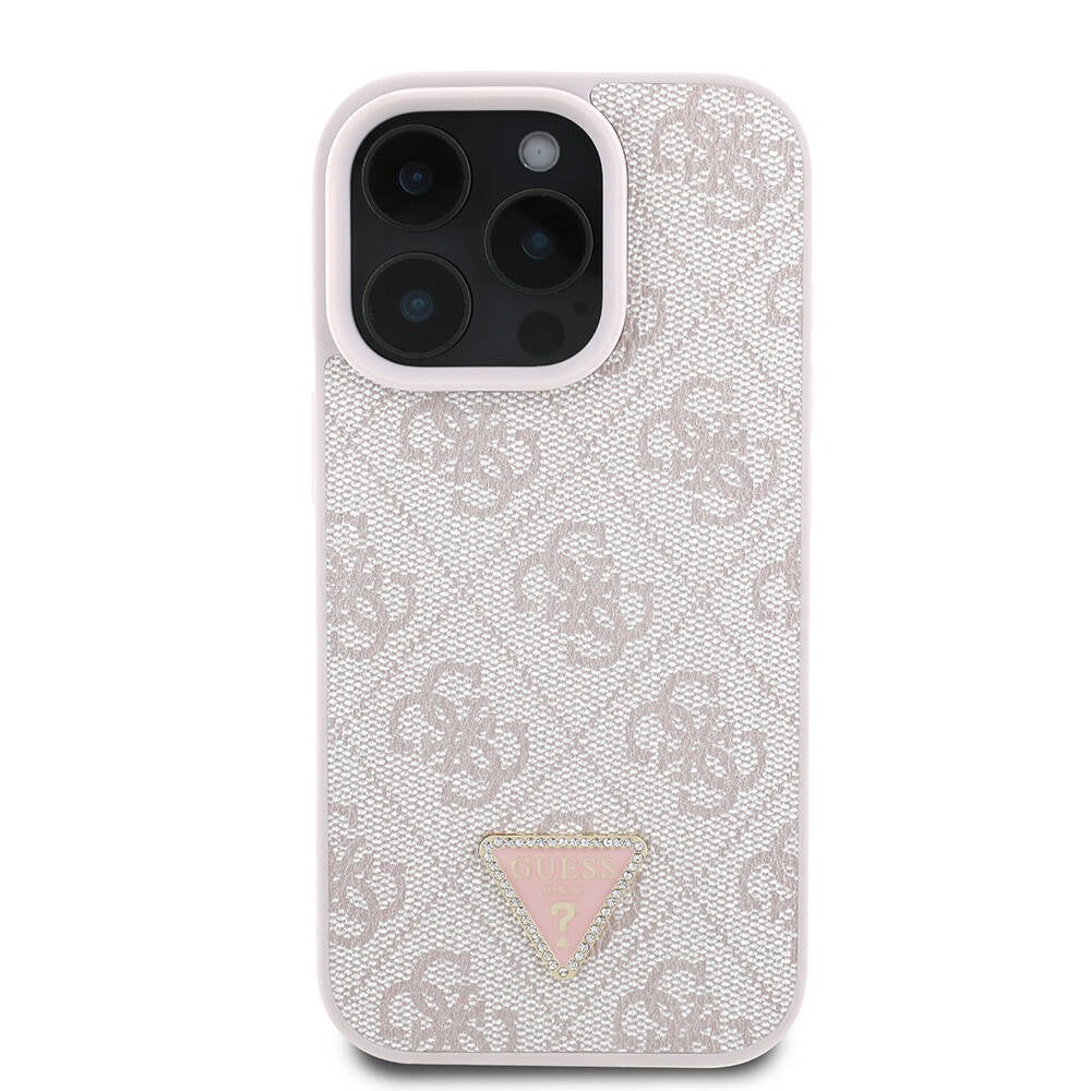 Apple iPhone 16 Pro Case Guess Original Licensed M-safe Charging Feature PU Leather 4G Patterned Stone Triangle Logo Cover Brown