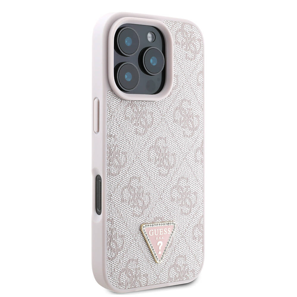 Apple iPhone 16 Pro Case Guess Original Licensed M-safe Charging Feature PU Leather 4G Patterned Stone Triangle Logo Cover Brown