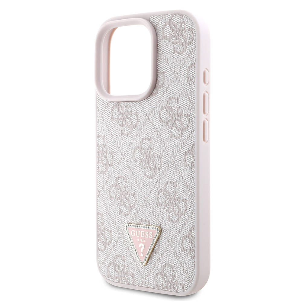 Apple iPhone 16 Pro Case Guess Original Licensed M-safe Charging Feature PU Leather 4G Patterned Stone Triangle Logo Cover Brown
