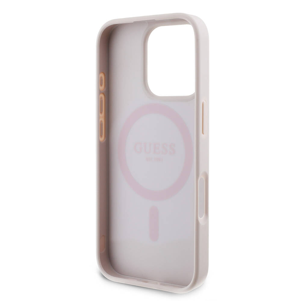 Apple iPhone 16 Pro Case Guess Original Licensed M-safe Charging Feature PU Leather 4G Patterned Stone Triangle Logo Cover Brown