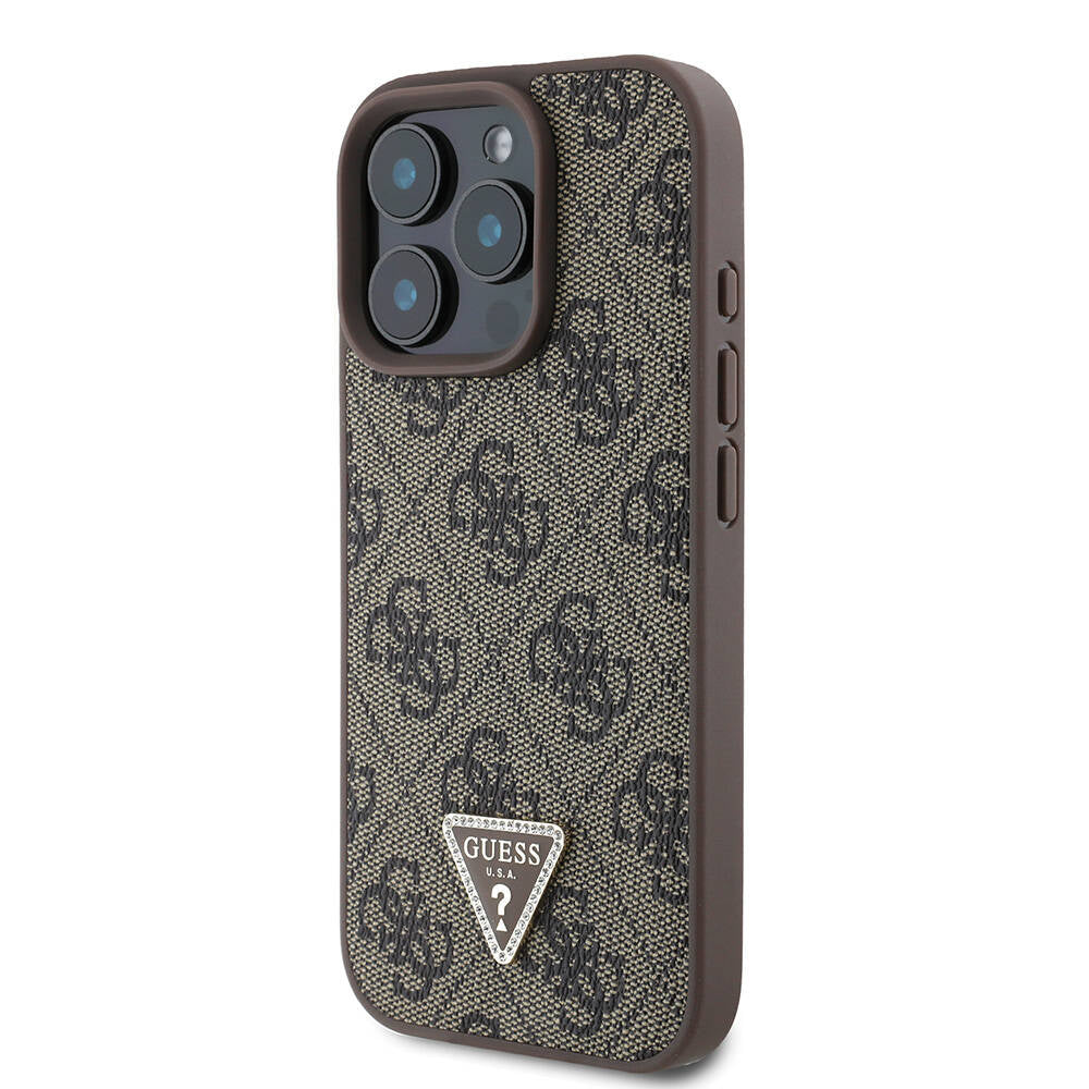 Apple iPhone 16 Pro Case Guess Original Licensed M-safe Charging Feature PU Leather 4G Patterned Stone Triangle Logo Cover Brown