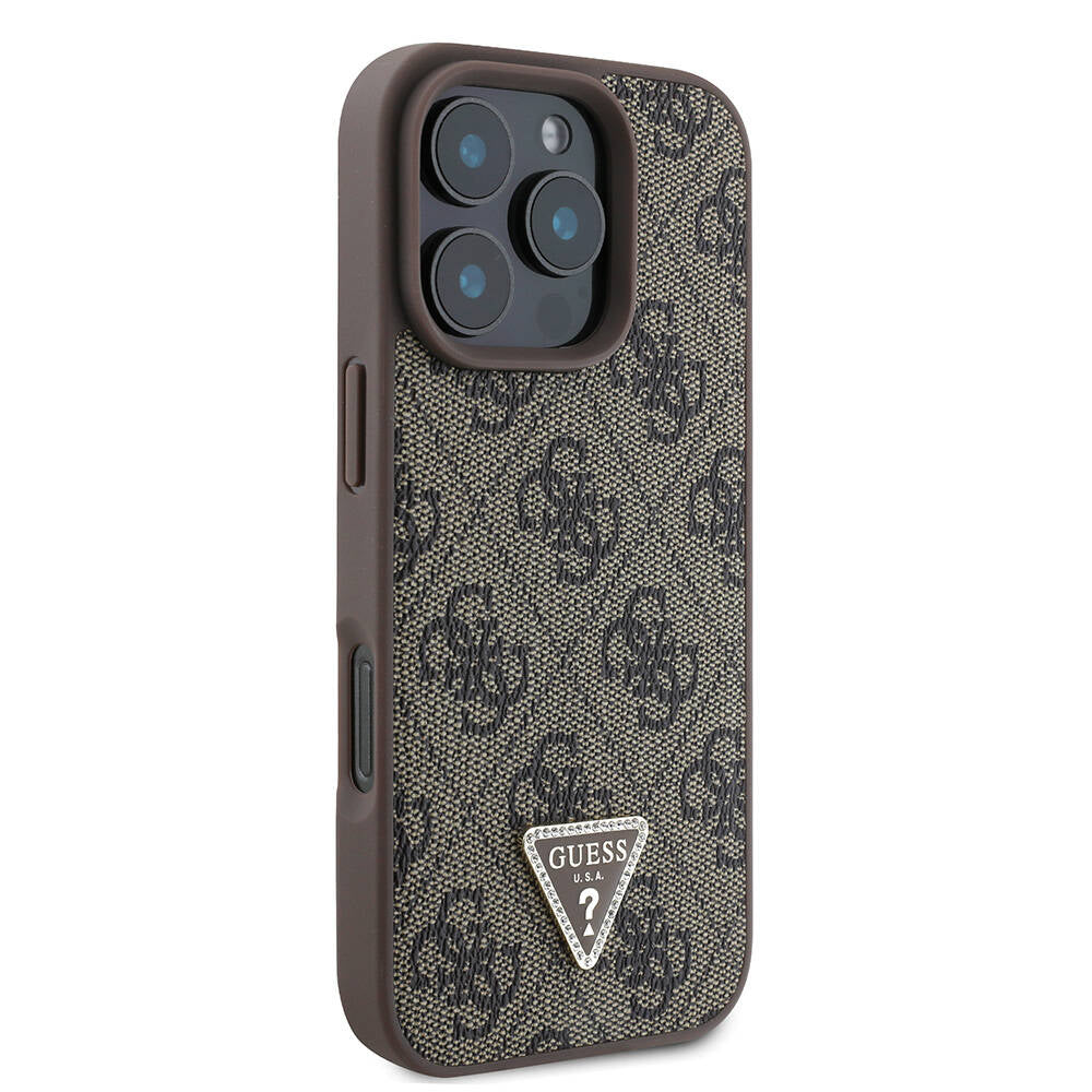 Apple iPhone 16 Pro Case Guess Original Licensed M-safe Charging Feature PU Leather 4G Patterned Stone Triangle Logo Cover Brown