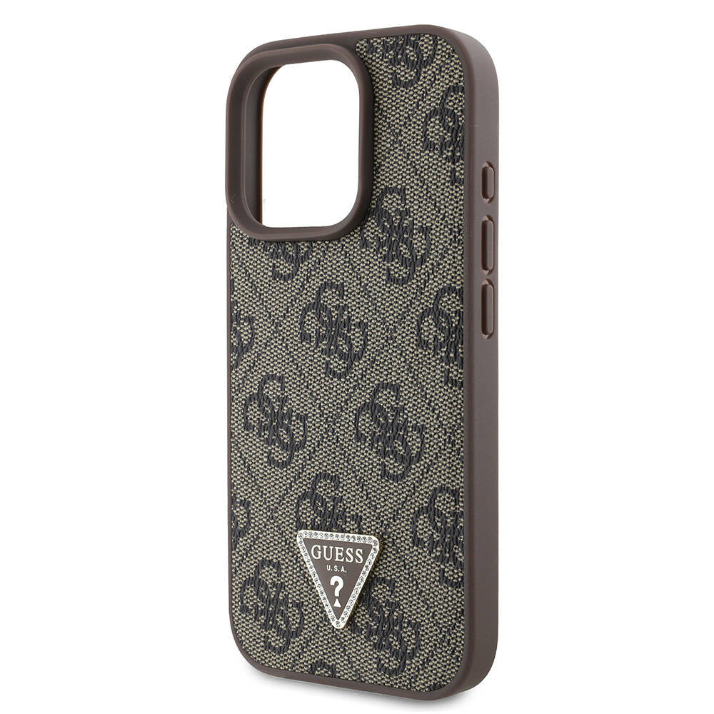 Apple iPhone 16 Pro Case Guess Original Licensed M-safe Charging Feature PU Leather 4G Patterned Stone Triangle Logo Cover Brown