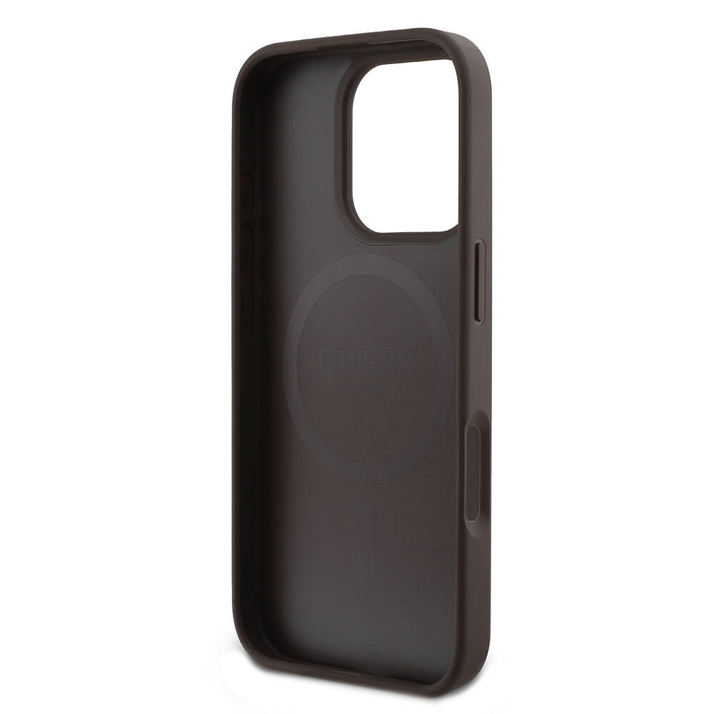Apple iPhone 16 Pro Case Guess Original Licensed M-safe Charging Feature PU Leather 4G Patterned Stone Triangle Logo Cover Brown