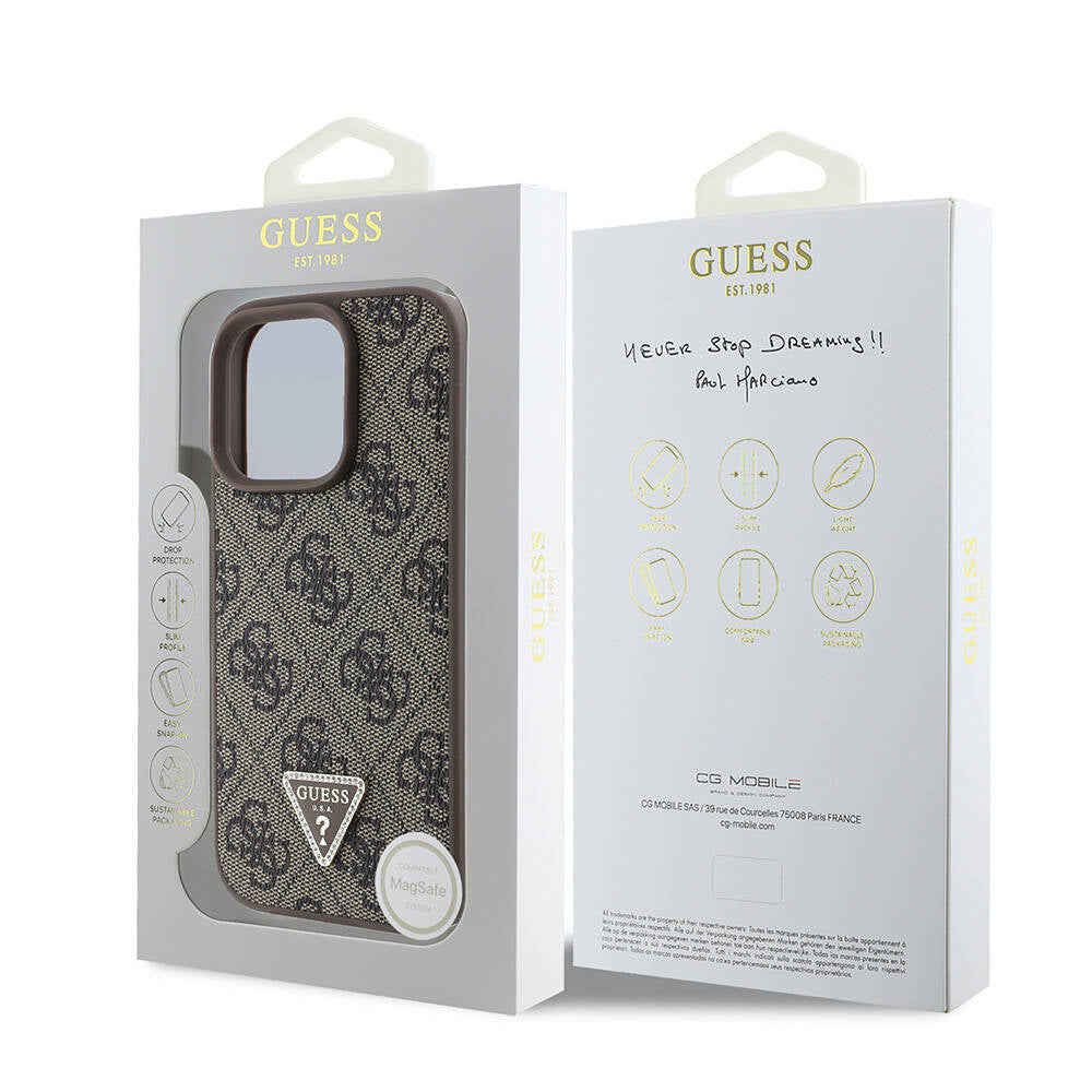 Apple iPhone 16 Pro Case Guess Original Licensed M-safe Charging Feature PU Leather 4G Patterned Stone Triangle Logo Cover Brown