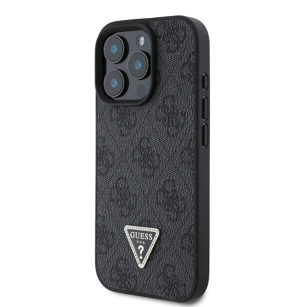 Apple iPhone 16 Pro Case Guess Original Licensed M-safe Charging Feature PU Leather 4G Patterned Stone Triangle Logo Cover Brown