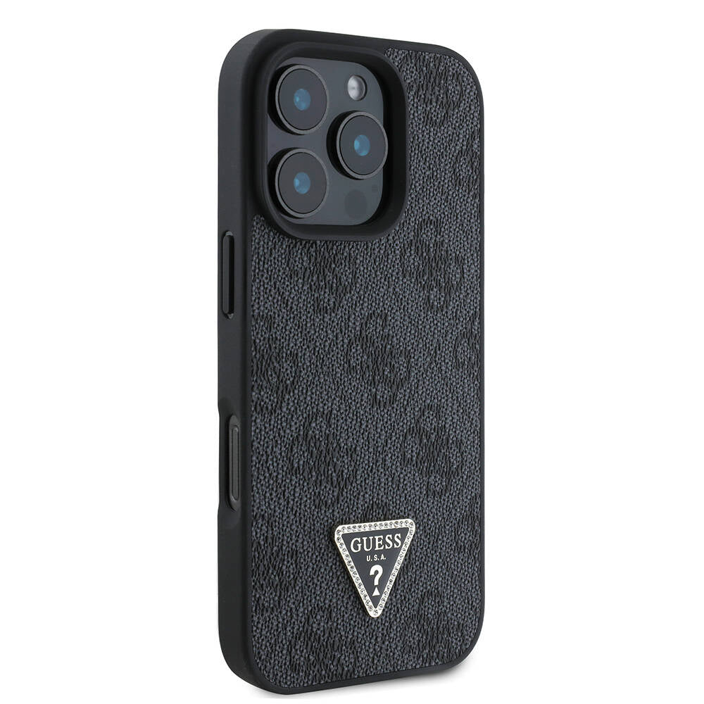 Apple iPhone 16 Pro Case Guess Original Licensed M-safe Charging Feature PU Leather 4G Patterned Stone Triangle Logo Cover Brown
