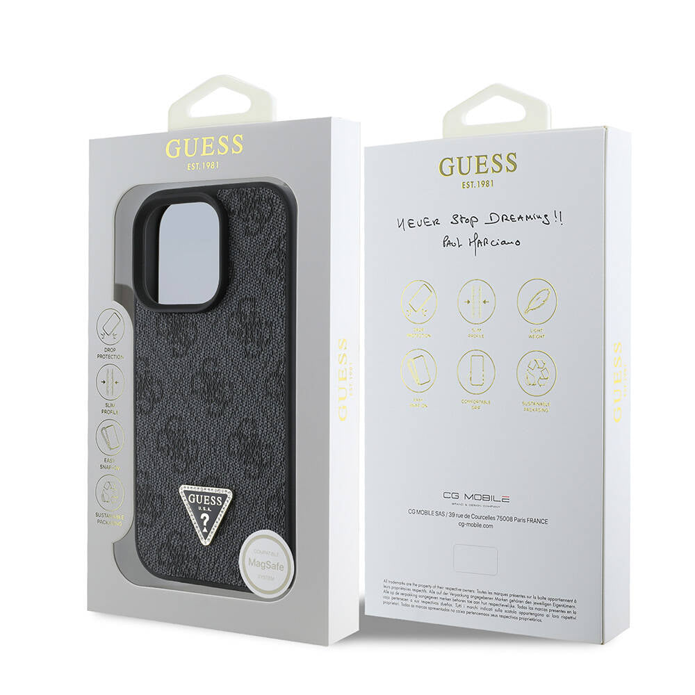 Apple iPhone 16 Pro Case Guess Original Licensed M-safe Charging Feature PU Leather 4G Patterned Stone Triangle Logo Cover Brown