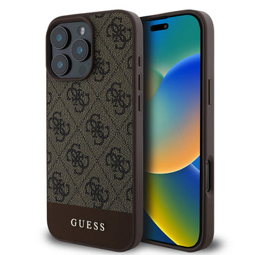 Apple iPhone 16 Pro Case Guess Original Licensed M-safe Charging Feature PU Leather Stripe Logo Design Cover Brown