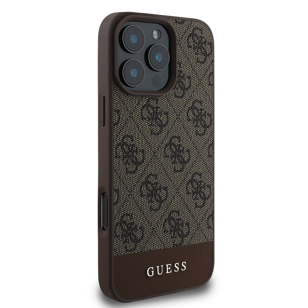 Apple iPhone 16 Pro Case Guess Original Licensed M-safe Charging Feature PU Leather Stripe Logo Design Cover Black