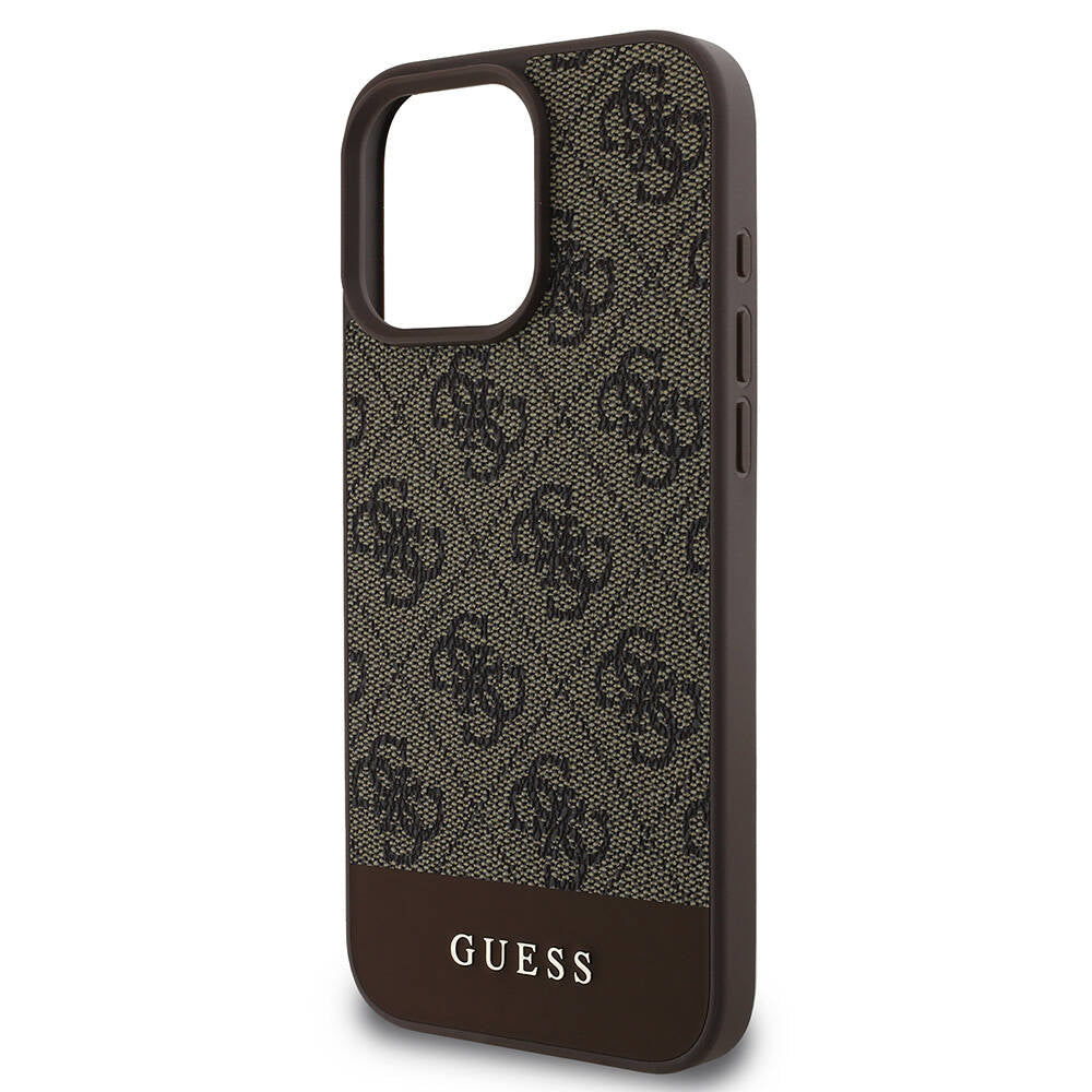 Apple iPhone 16 Pro Case Guess Original Licensed M-safe Charging Feature PU Leather Stripe Logo Design Cover Brown
