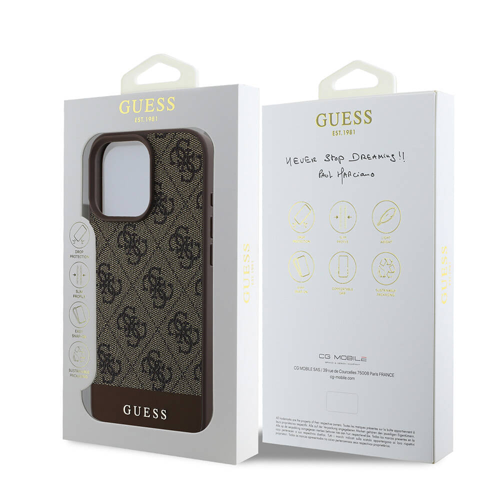 Apple iPhone 16 Pro Case Guess Original Licensed M-safe Charging Feature PU Leather Stripe Logo Design Cover Brown