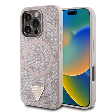 Apple iPhone 16 Pro Case Guess Original Licensed M-safe Charging Feature PU Triangle Logo 4G Patterned Cover Pink