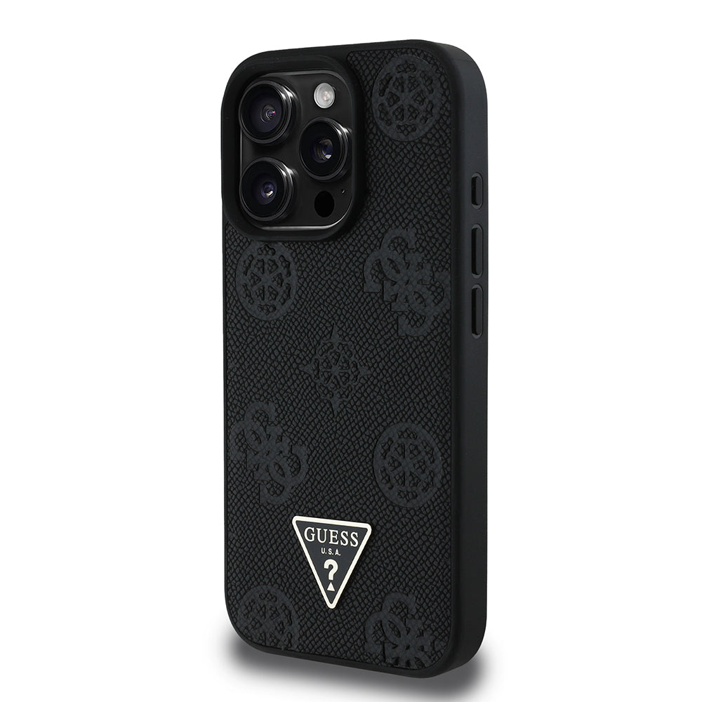 Apple iPhone 16 Pro Case Guess Original Licensed M-safe Charging Feature Hot Printed Triangle Logo PU Leather Peony Cover Brown