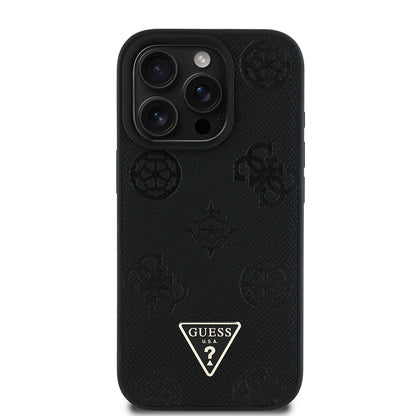 Apple iPhone 16 Pro Kılıf Guess Orjinal Lisanslı M-safe Şarj Özellikli Sıcak Baskılı Üçgen Logolu PU Deri Peony Kapak Pembe