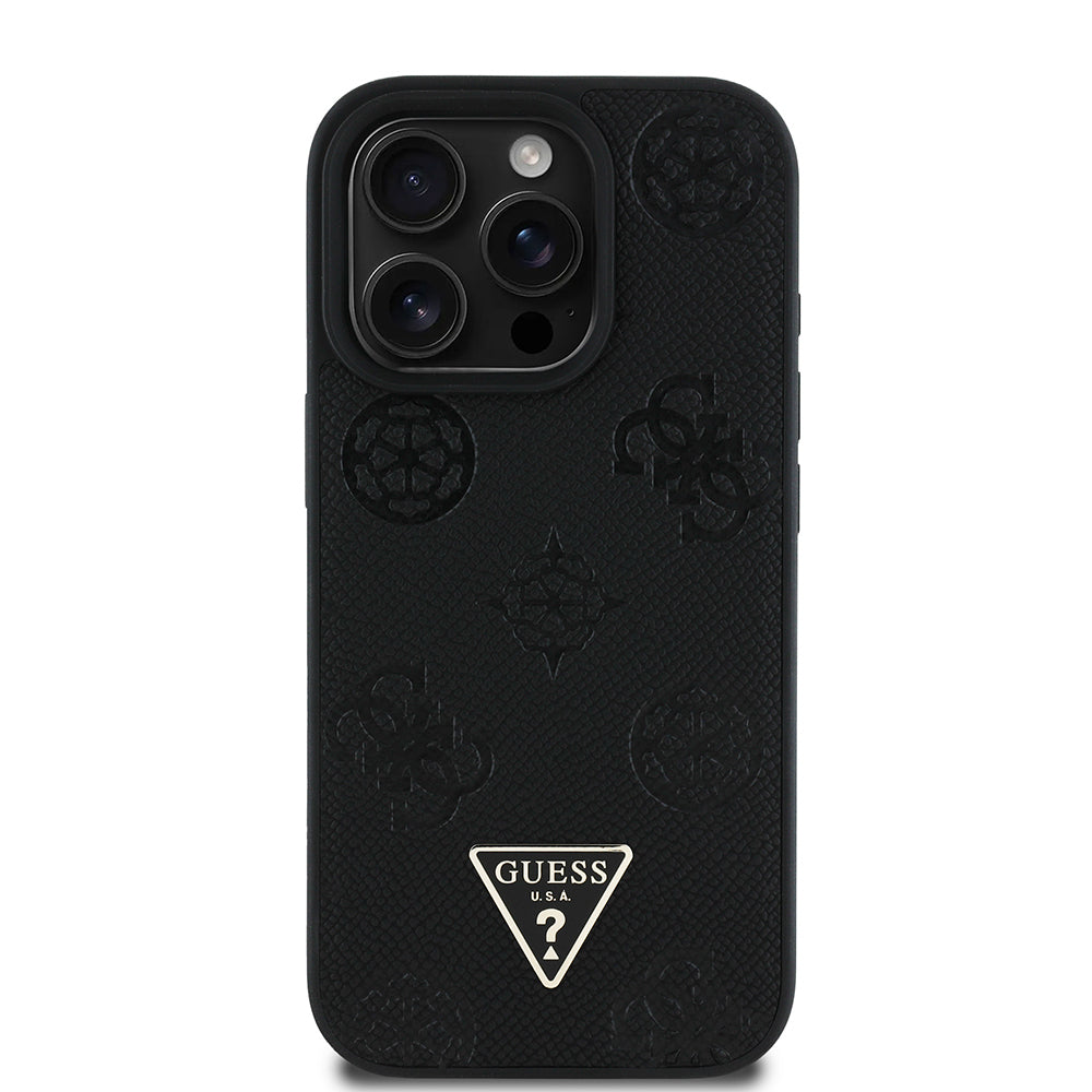 Apple iPhone 16 Pro Case Guess Original Licensed M-safe Charging Feature Hot Printed Triangle Logo PU Leather Peony Cover Brown