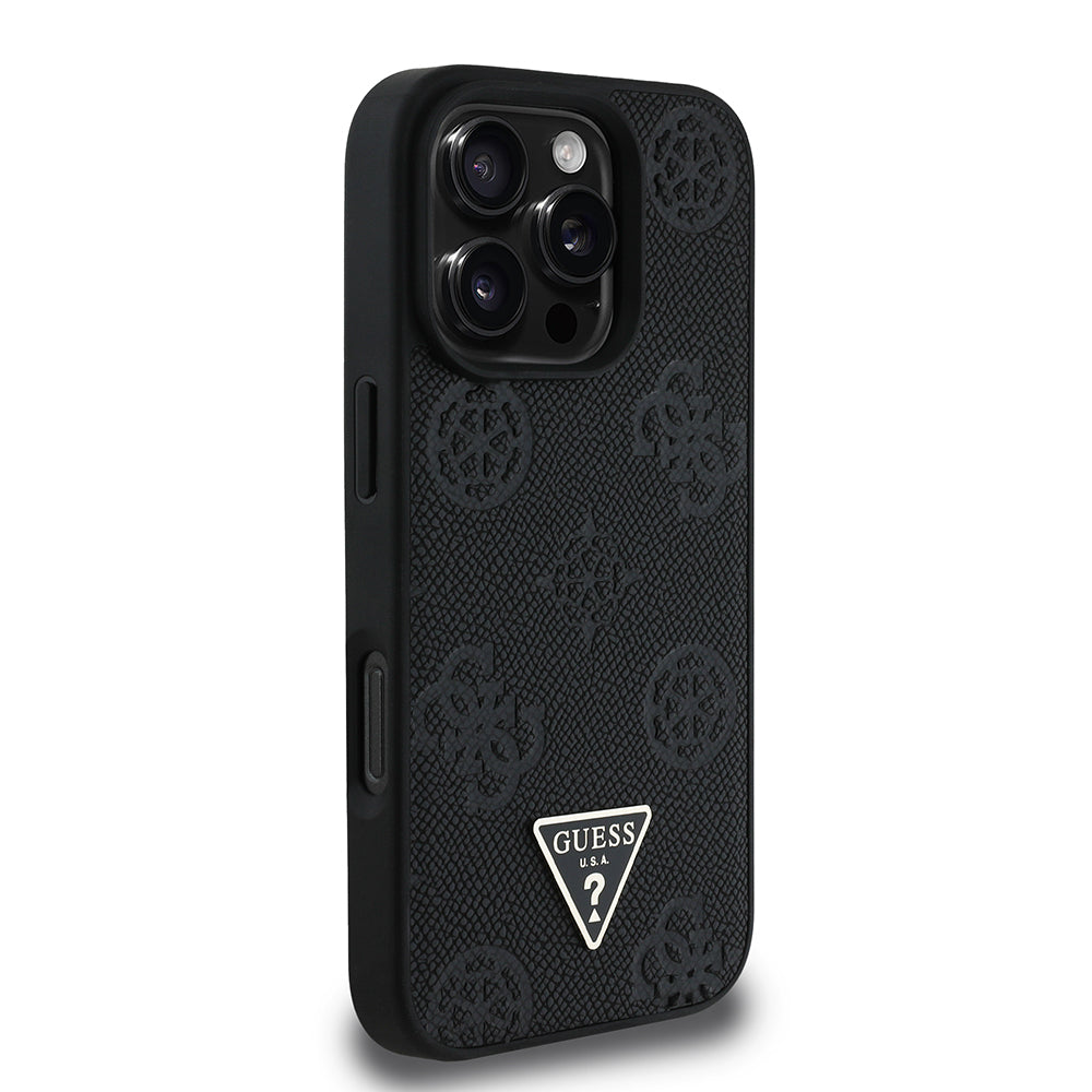 Apple iPhone 16 Pro Case Guess Original Licensed M-safe Charging Feature Hot Printed Triangle Logo PU Leather Peony Cover Brown