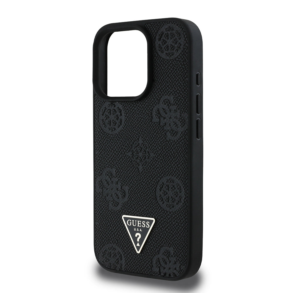 Apple iPhone 16 Pro Case Guess Original Licensed M-safe Charging Feature Hot Printed Triangle Logo PU Leather Peony Cover Brown