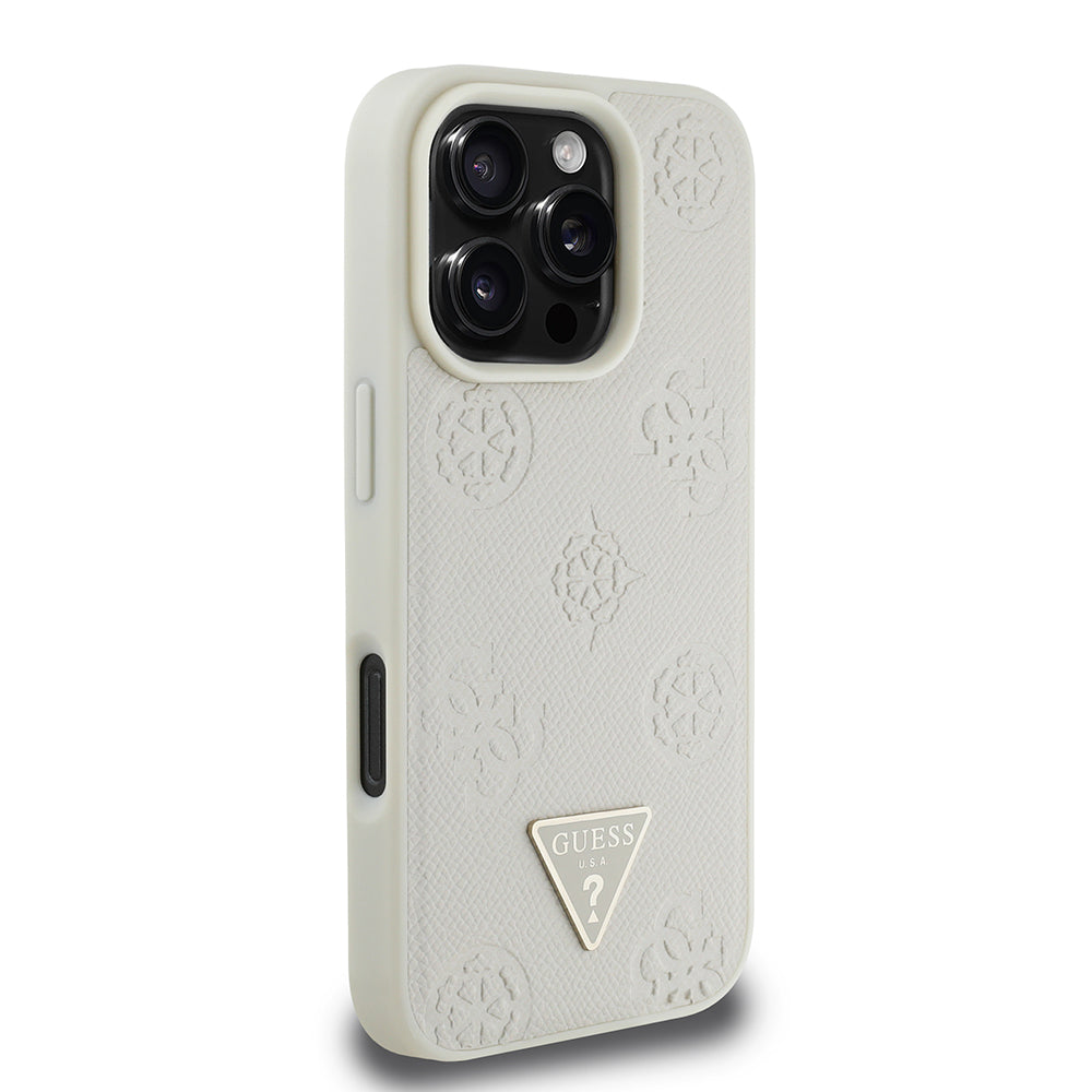 Apple iPhone 16 Pro Case Guess Original Licensed M-safe Charging Feature Hot Printed Triangle Logo PU Leather Peony Cover Brown
