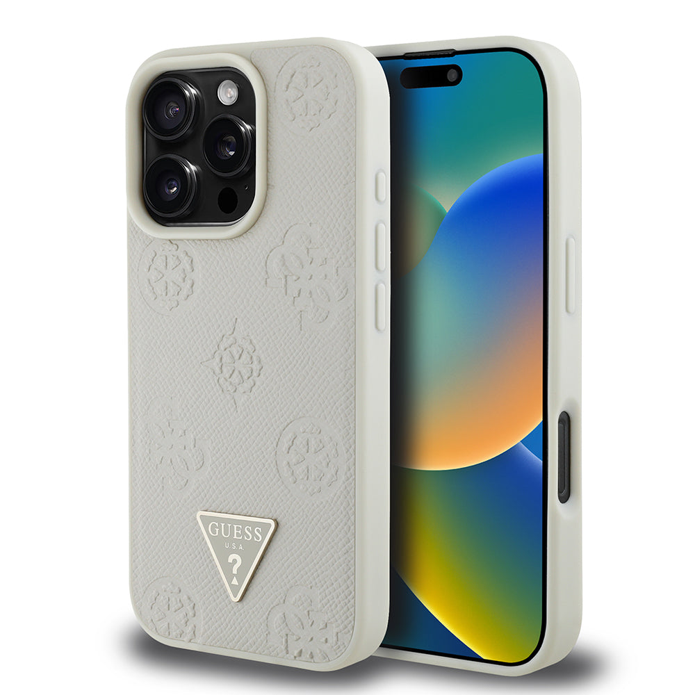 Apple iPhone 16 Pro Case Guess Original Licensed M-safe Charging Feature Hot Printed Triangle Logo PU Leather Peony Cover Beige