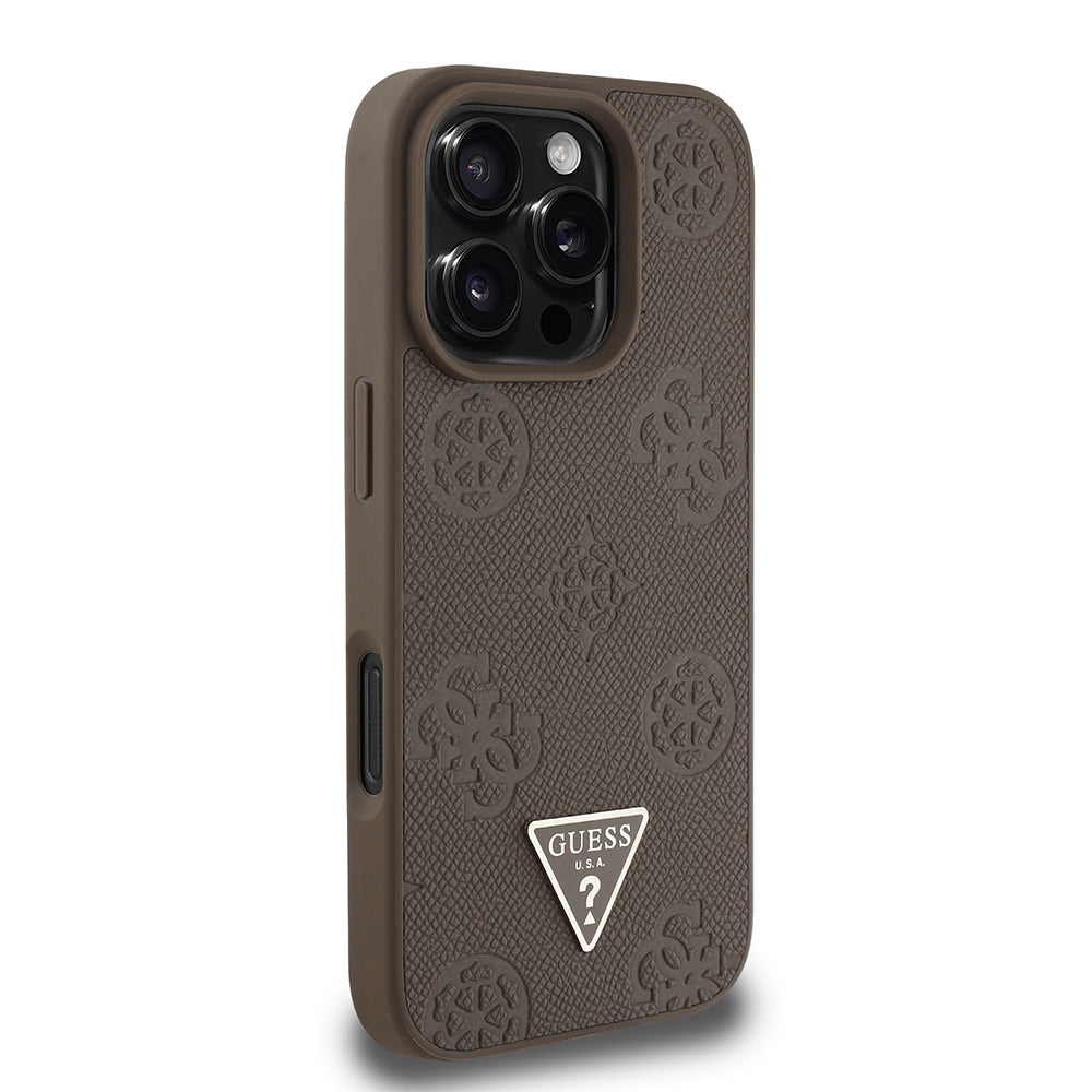 Apple iPhone 16 Pro Case Guess Original Licensed M-safe Charging Feature Hot Printed Triangle Logo PU Leather Peony Cover Brown