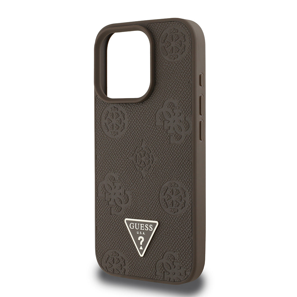 Apple iPhone 16 Pro Case Guess Original Licensed M-safe Charging Feature Hot Printed Triangle Logo PU Leather Peony Cover Brown