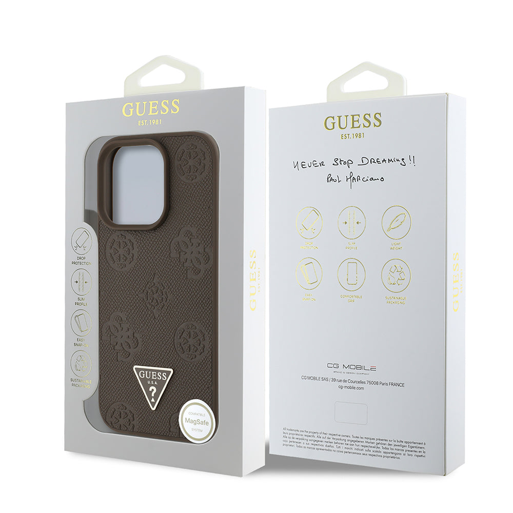 Apple iPhone 16 Pro Case Guess Original Licensed M-safe Charging Feature Hot Printed Triangle Logo PU Leather Peony Cover Brown