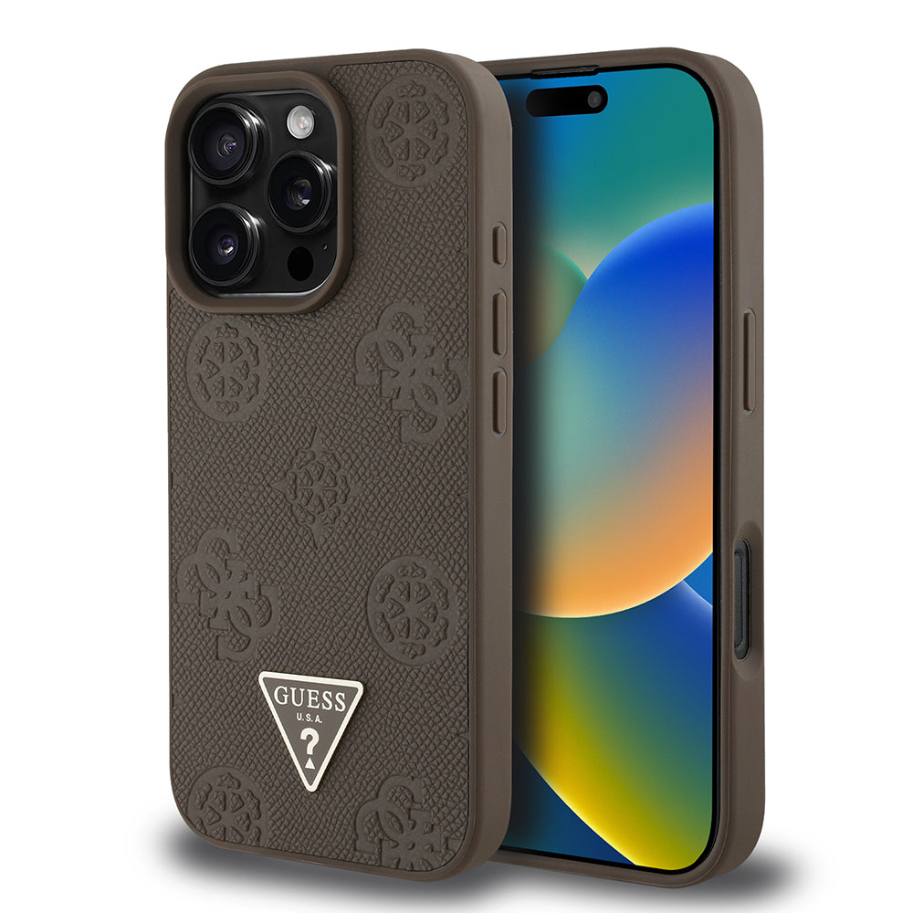Apple iPhone 16 Pro Case Guess Original Licensed M-safe Charging Feature Hot Printed Triangle Logo PU Leather Peony Cover Brown