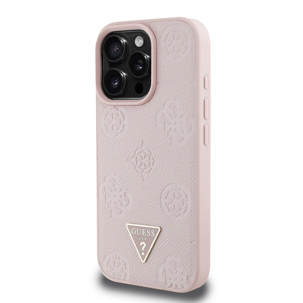 Apple iPhone 16 Pro Case Guess Original Licensed M-safe Charging Feature Hot Printed Triangle Logo PU Leather Peony Cover Brown