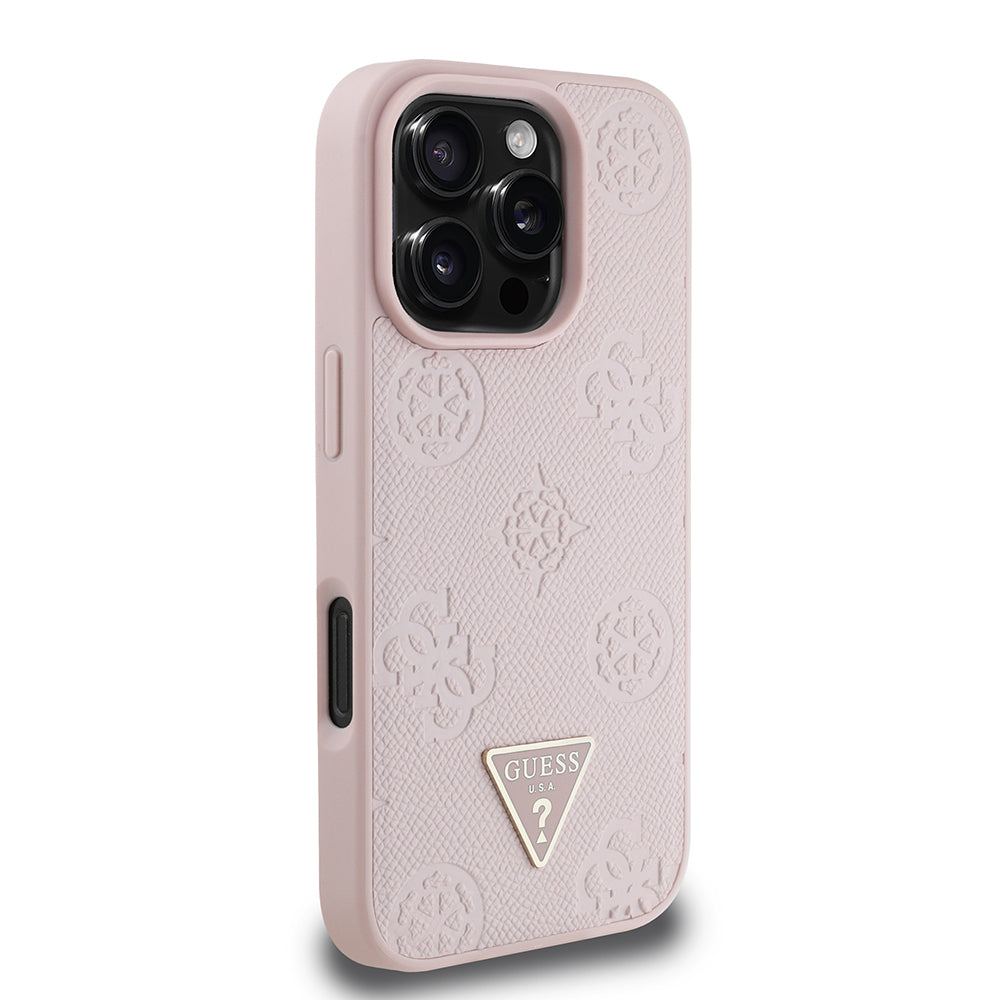 Apple iPhone 16 Pro Case Guess Original Licensed M-safe Charging Feature Hot Printed Triangle Logo PU Leather Peony Cover Brown