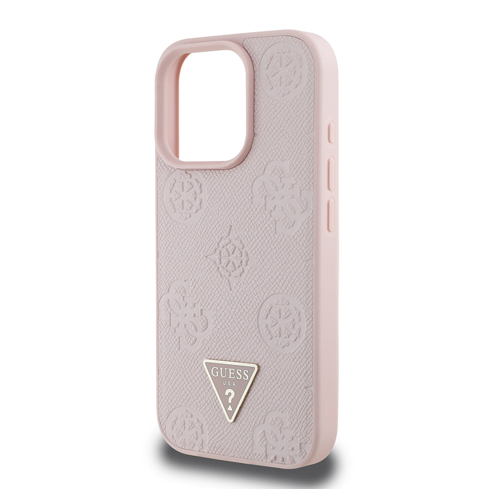 Apple iPhone 16 Pro Case Guess Original Licensed M-safe Charging Feature Hot Printed Triangle Logo PU Leather Peony Cover Brown