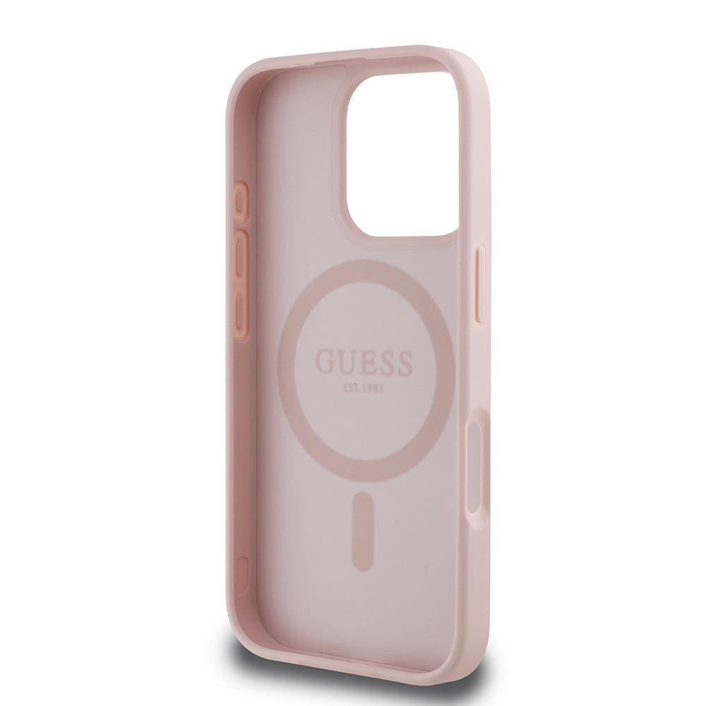 Apple iPhone 16 Pro Case Guess Original Licensed M-safe Charging Feature Hot Printed Triangle Logo PU Leather Peony Cover Brown