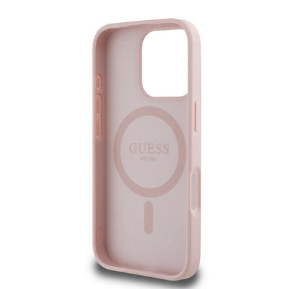 Apple iPhone 16 Pro Kılıf Guess Orjinal Lisanslı M-safe Şarj Özellikli Sıcak Baskılı Üçgen Logolu PU Deri Peony Kapak Pembe