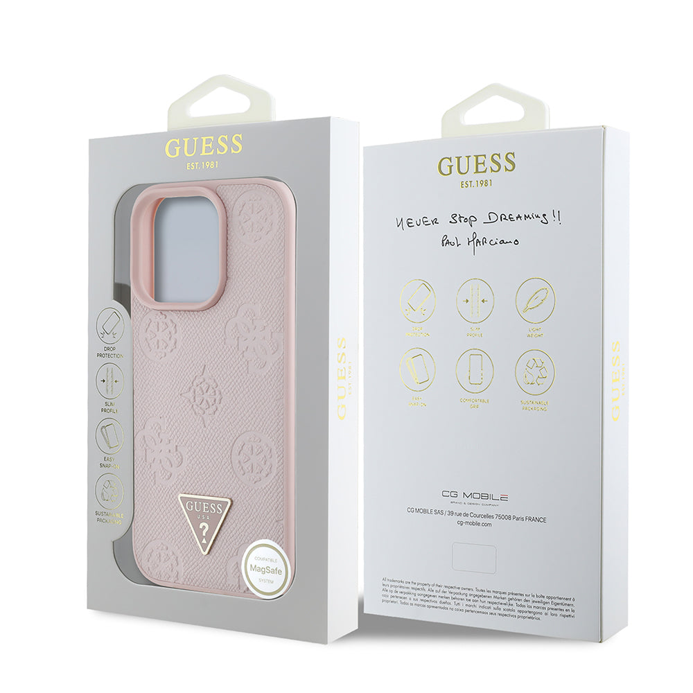 Apple iPhone 16 Pro Case Guess Original Licensed M-safe Charging Feature Hot Printed Triangle Logo PU Leather Peony Cover Brown