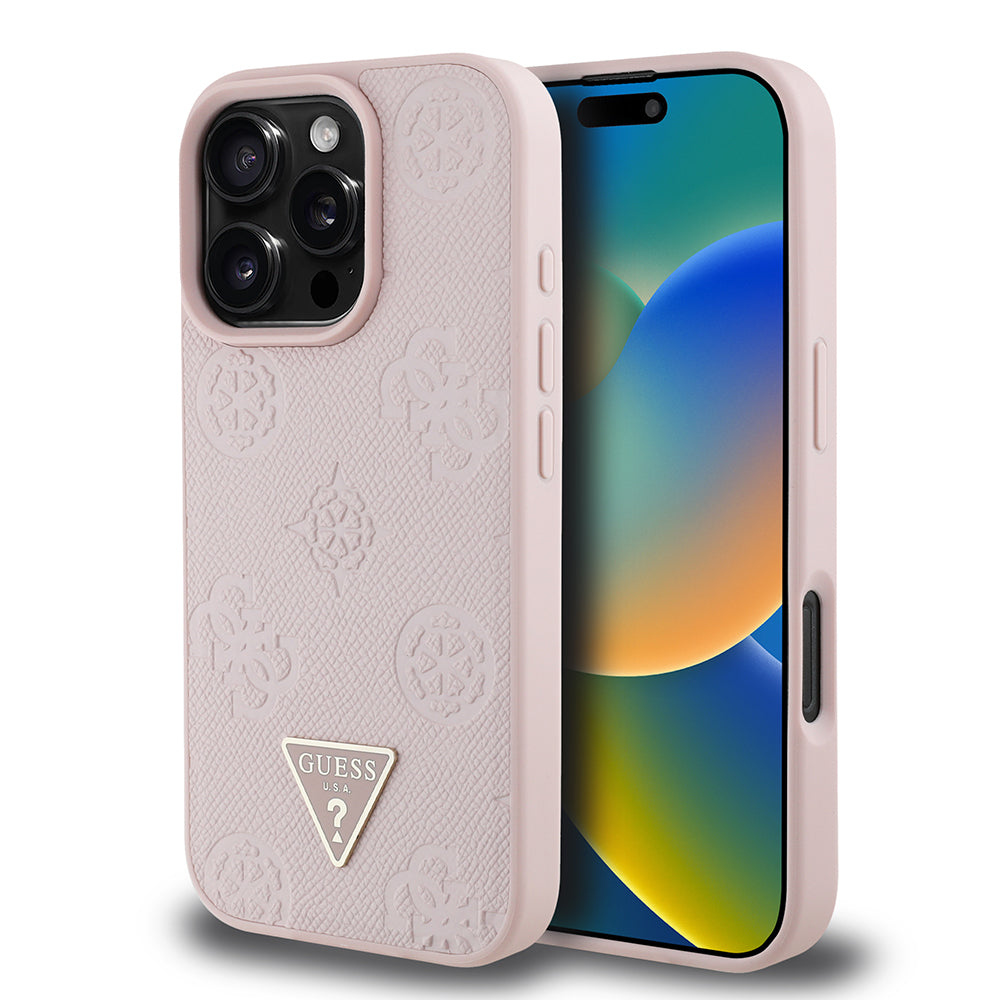 Apple iPhone 16 Pro Case Guess Original Licensed M-safe Charging Feature Hot Printed Triangle Logo PU Leather Peony Cover Brown