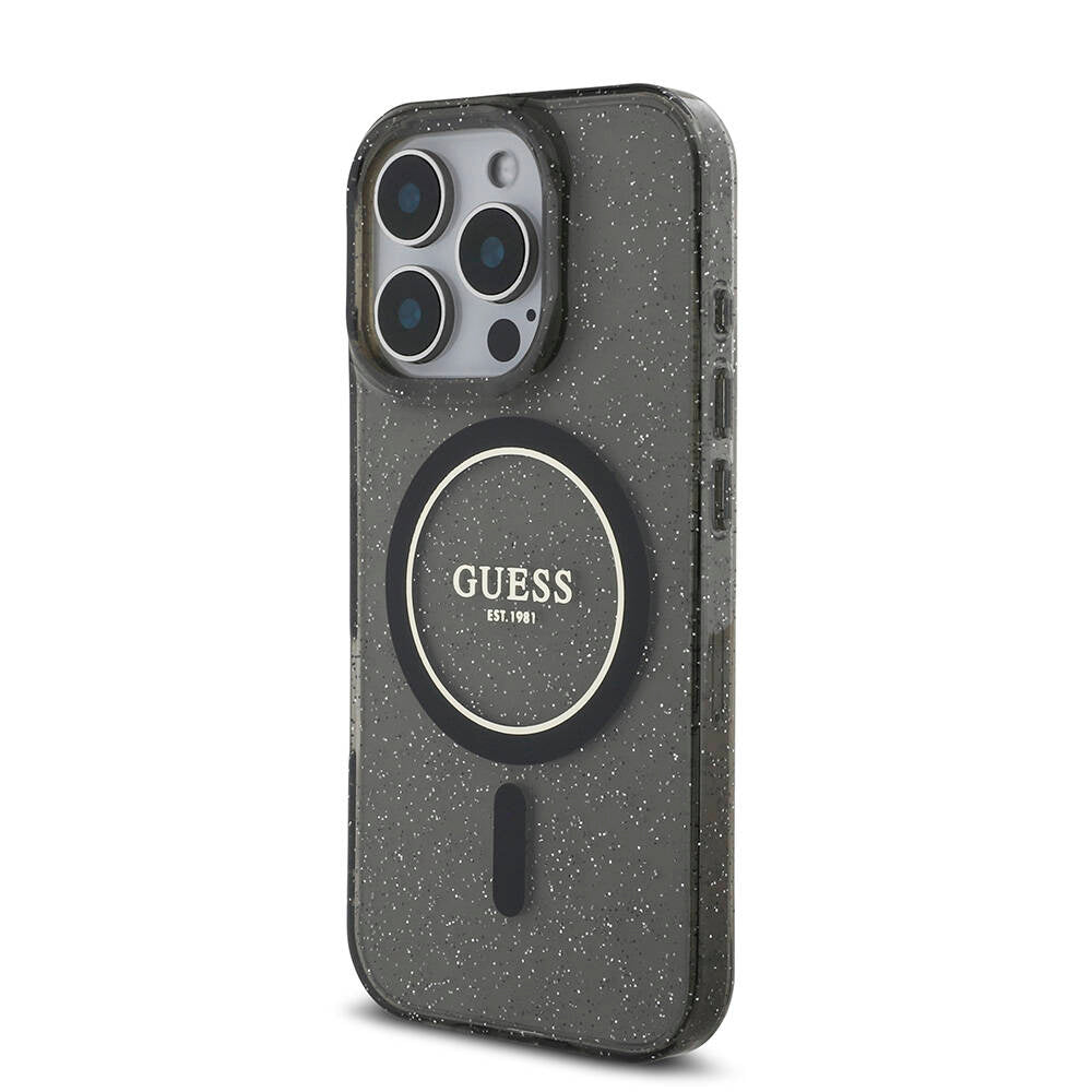 Apple iPhone 16 Pro Case Guess Original Licensed M-safe Charging Feature Glittery Silicone Pearl Bracelet Cover Black
