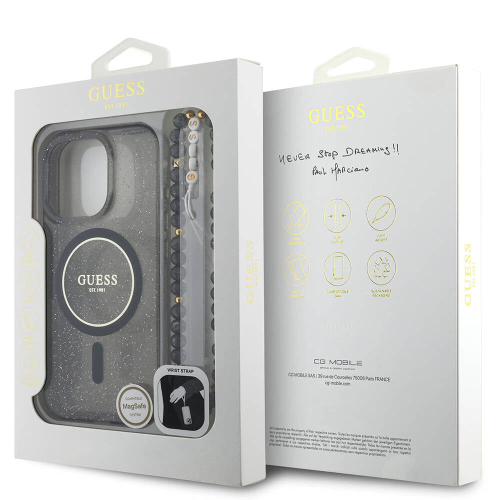 Apple iPhone 16 Pro Case Guess Original Licensed M-safe Charging Feature Glittery Silicone Pearl Bracelet Cover Black