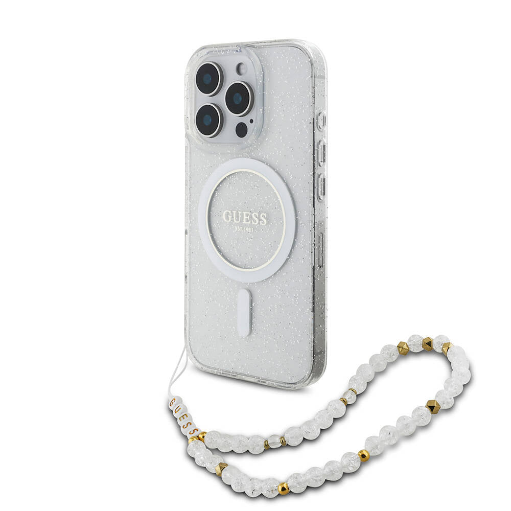 Apple iPhone 16 Pro Case Guess Original Licensed M-safe Charging Feature Glittery Silicone Pearl Bracelet Cover Transparent
