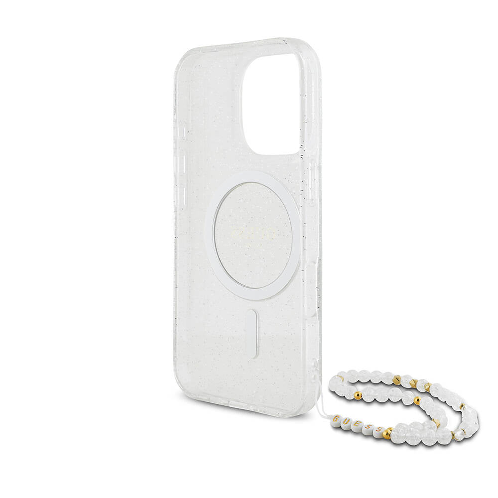 Apple iPhone 16 Pro Case Guess Original Licensed M-safe Charging Feature Glittery Silicone Pearl Bracelet Cover Transparent